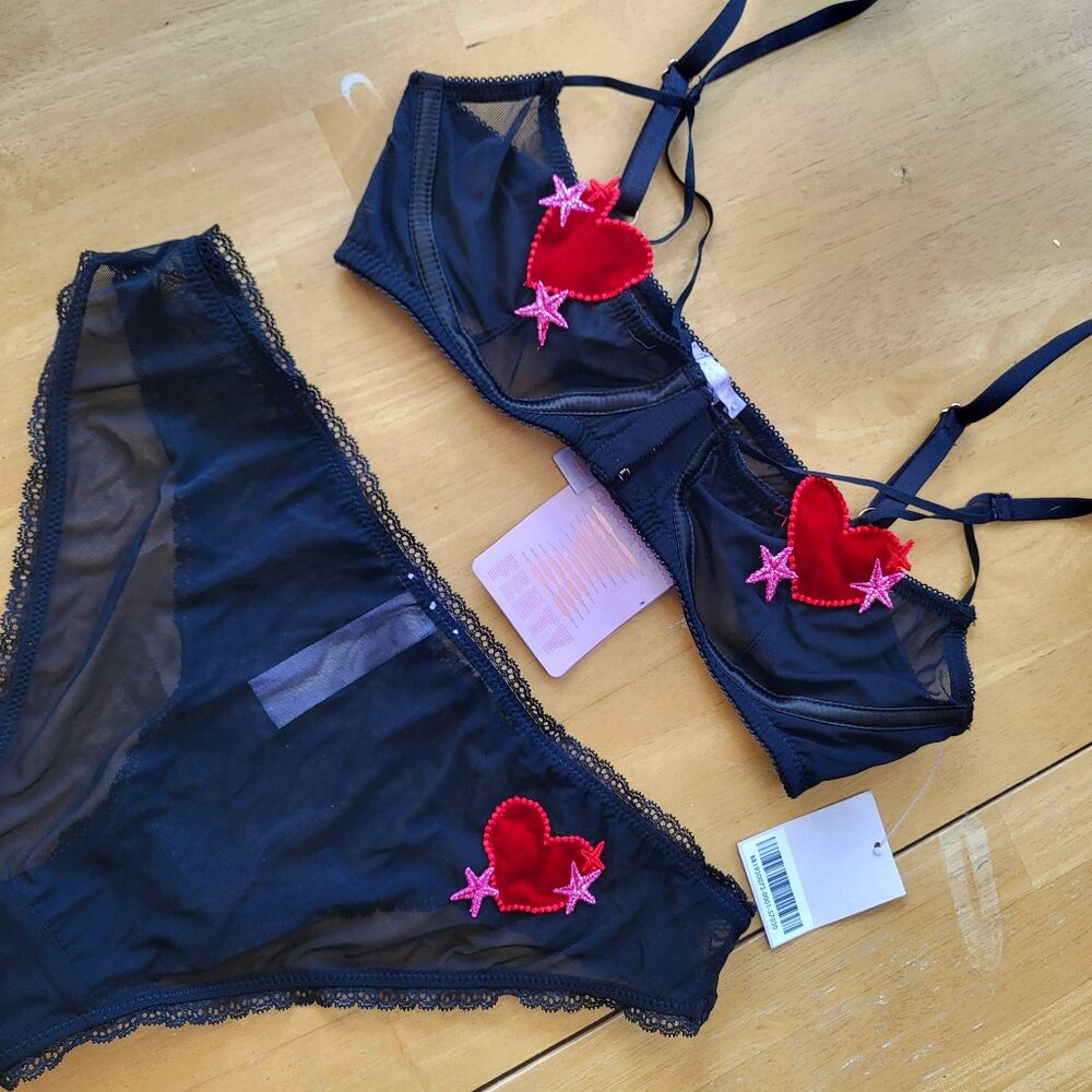 NWT Black Mesh / Velvet Heart Valentines day Fenty Bralette / Panty set